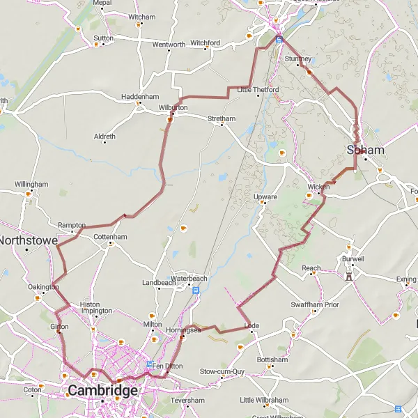 Map miniature of "Fenland Exploration" cycling inspiration in East Anglia, United Kingdom. Generated by Tarmacs.app cycling route planner