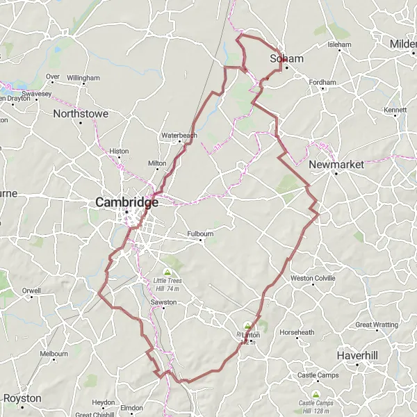 Map miniature of "Wicken and Fen Ditton Gravel Adventure" cycling inspiration in East Anglia, United Kingdom. Generated by Tarmacs.app cycling route planner