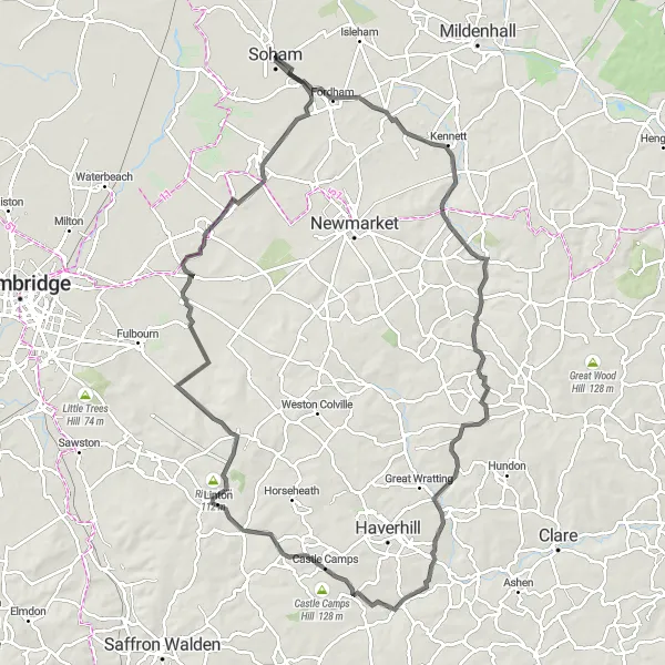 Map miniature of "Fordham and Linton Hill Challenge" cycling inspiration in East Anglia, United Kingdom. Generated by Tarmacs.app cycling route planner