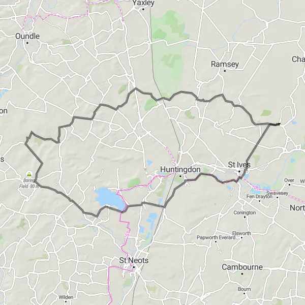 Map miniature of "The Cambridgeshire Loop" cycling inspiration in East Anglia, United Kingdom. Generated by Tarmacs.app cycling route planner