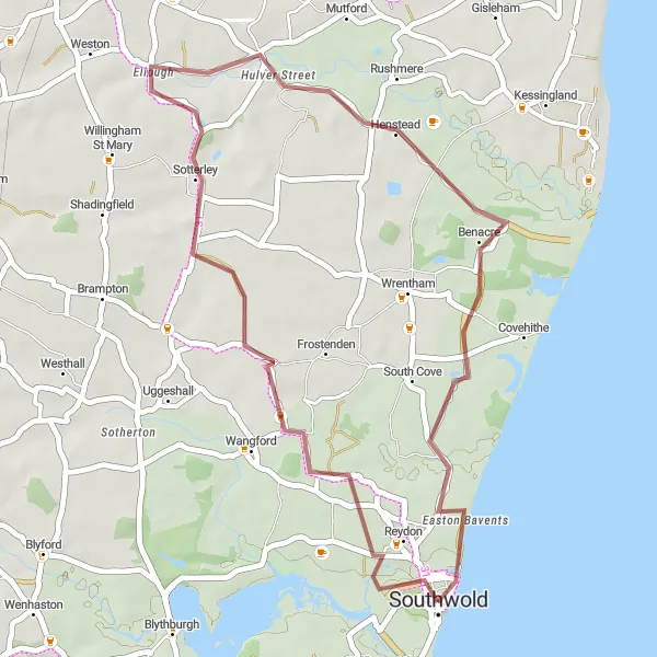 Map miniature of "Sotterley and Rushmere Gravel Ride" cycling inspiration in East Anglia, United Kingdom. Generated by Tarmacs.app cycling route planner