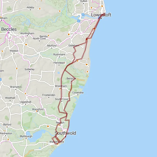 Map miniature of "Benacre and Kessingland Gravel Loop" cycling inspiration in East Anglia, United Kingdom. Generated by Tarmacs.app cycling route planner