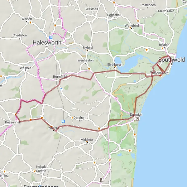 Map miniature of "Dunwich Dash" cycling inspiration in East Anglia, United Kingdom. Generated by Tarmacs.app cycling route planner