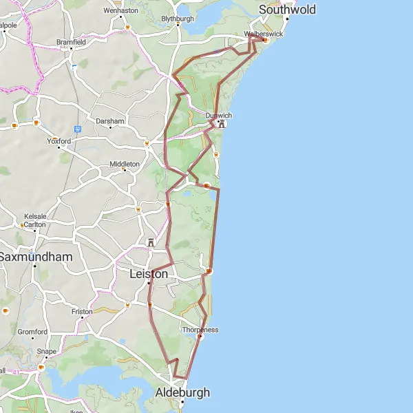 Map miniature of "Dunwich and Aldeburgh Gravel Adventure" cycling inspiration in East Anglia, United Kingdom. Generated by Tarmacs.app cycling route planner