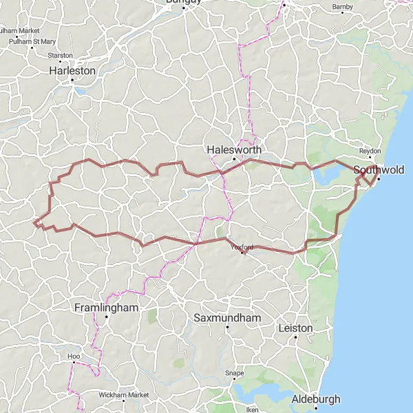 Map miniature of "Exploring the Suffolk Countryside" cycling inspiration in East Anglia, United Kingdom. Generated by Tarmacs.app cycling route planner