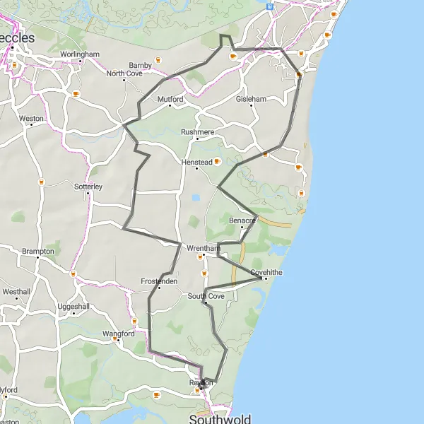 Map miniature of "The Coastal Circuit" cycling inspiration in East Anglia, United Kingdom. Generated by Tarmacs.app cycling route planner