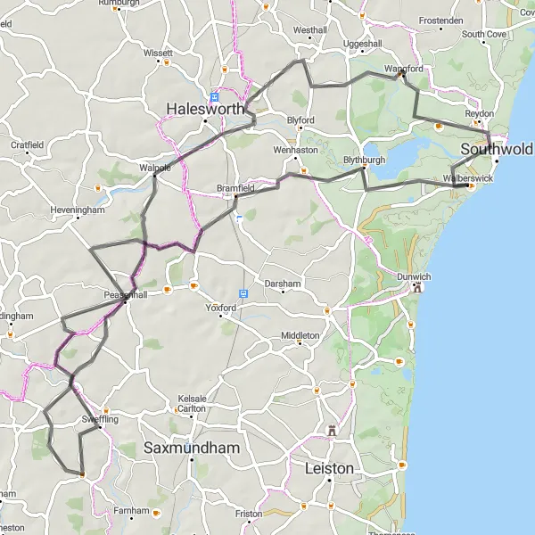 Map miniature of "Southwold Adventure" cycling inspiration in East Anglia, United Kingdom. Generated by Tarmacs.app cycling route planner