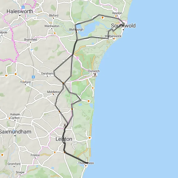 Map miniature of "Walberswick and Theberton Road Adventure" cycling inspiration in East Anglia, United Kingdom. Generated by Tarmacs.app cycling route planner