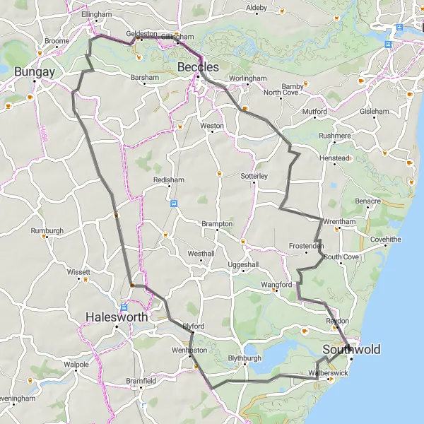Map miniature of "Suffolk Scenic Road Trip" cycling inspiration in East Anglia, United Kingdom. Generated by Tarmacs.app cycling route planner