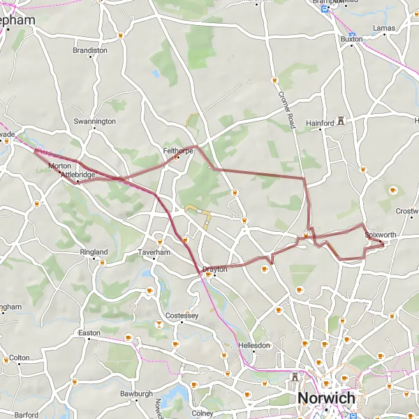 Map miniature of "Adventure in the Countryside: Spixworth Gravel Ride" cycling inspiration in East Anglia, United Kingdom. Generated by Tarmacs.app cycling route planner