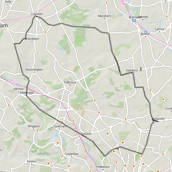 Map miniature of "Nature and History: Spixworth to Brandiston" cycling inspiration in East Anglia, United Kingdom. Generated by Tarmacs.app cycling route planner