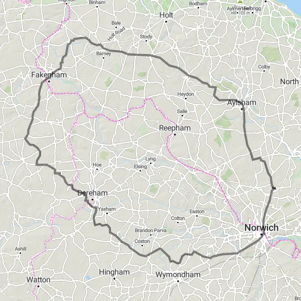 Map miniature of "Norfolk Discovery" cycling inspiration in East Anglia, United Kingdom. Generated by Tarmacs.app cycling route planner