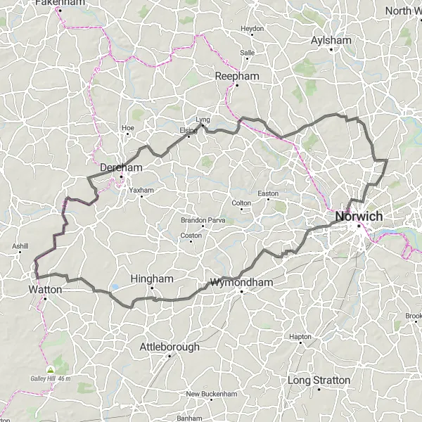 Map miniature of "Colney Adventure" cycling inspiration in East Anglia, United Kingdom. Generated by Tarmacs.app cycling route planner