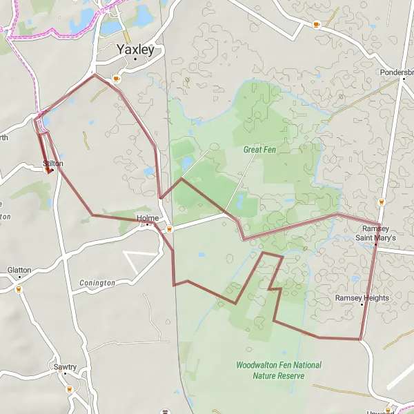 Map miniature of "Holme and Ramsey Saint Mary's Gravel Route" cycling inspiration in East Anglia, United Kingdom. Generated by Tarmacs.app cycling route planner