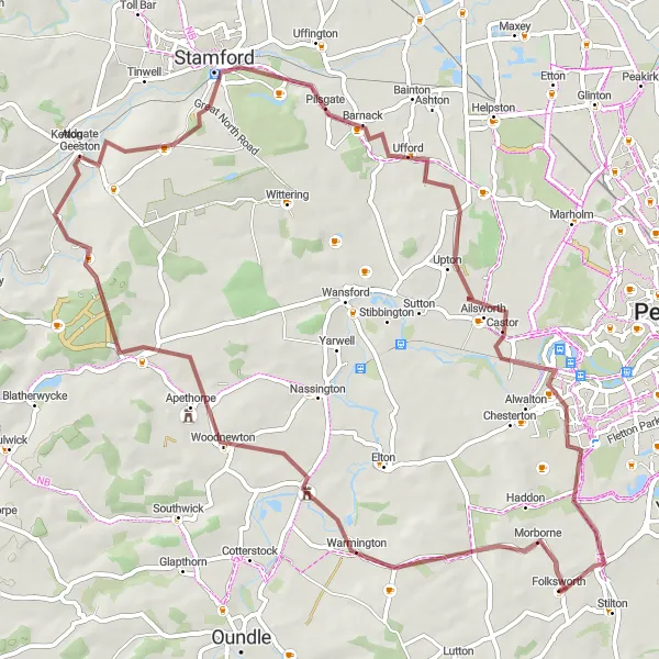 Map miniature of "Morborne and Stamford Gravel Route" cycling inspiration in East Anglia, United Kingdom. Generated by Tarmacs.app cycling route planner