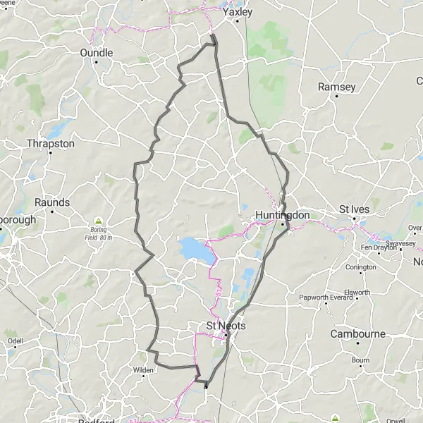 Map miniature of "The Cambridgeshire Excursion" cycling inspiration in East Anglia, United Kingdom. Generated by Tarmacs.app cycling route planner