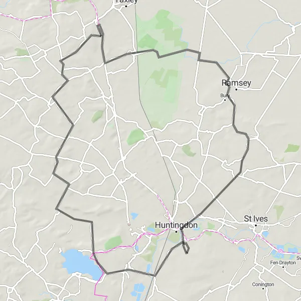 Map miniature of "The Huntingdon Loop" cycling inspiration in East Anglia, United Kingdom. Generated by Tarmacs.app cycling route planner