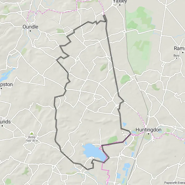 Map miniature of "Sawtry and Stonely Road Route" cycling inspiration in East Anglia, United Kingdom. Generated by Tarmacs.app cycling route planner