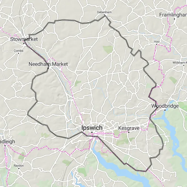 Map miniature of "Stowupland Adventure" cycling inspiration in East Anglia, United Kingdom. Generated by Tarmacs.app cycling route planner