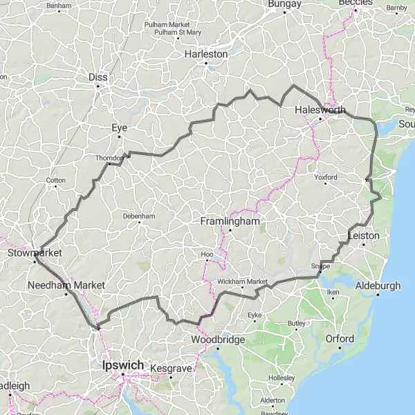 Map miniature of "The Suffolk Countryside Explorer" cycling inspiration in East Anglia, United Kingdom. Generated by Tarmacs.app cycling route planner