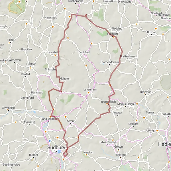 Map miniature of "Sudbury Gravel Adventure" cycling inspiration in East Anglia, United Kingdom. Generated by Tarmacs.app cycling route planner