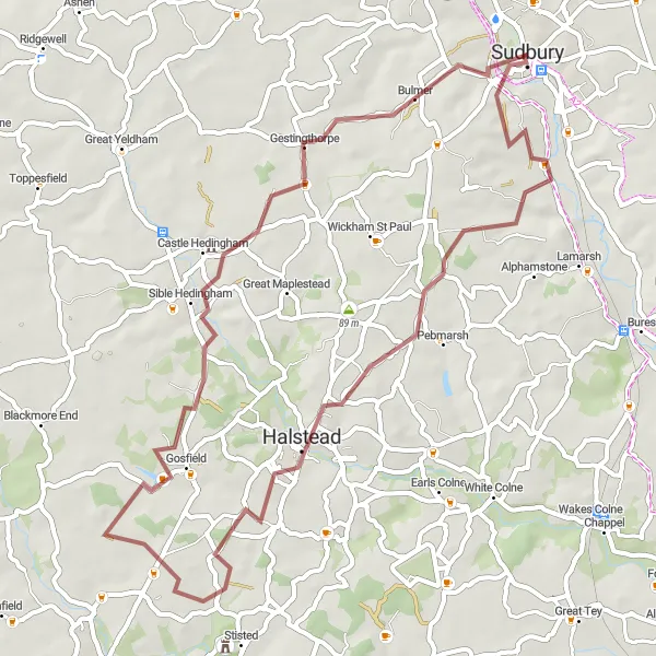 Map miniature of "Sudbury Gravel Loop" cycling inspiration in East Anglia, United Kingdom. Generated by Tarmacs.app cycling route planner