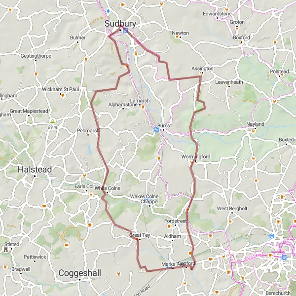 Map miniature of "Hidden Gravel Gems" cycling inspiration in East Anglia, United Kingdom. Generated by Tarmacs.app cycling route planner