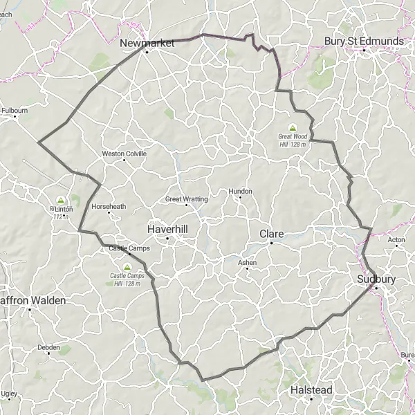 Map miniature of "Suffolk Hinterland Epic" cycling inspiration in East Anglia, United Kingdom. Generated by Tarmacs.app cycling route planner