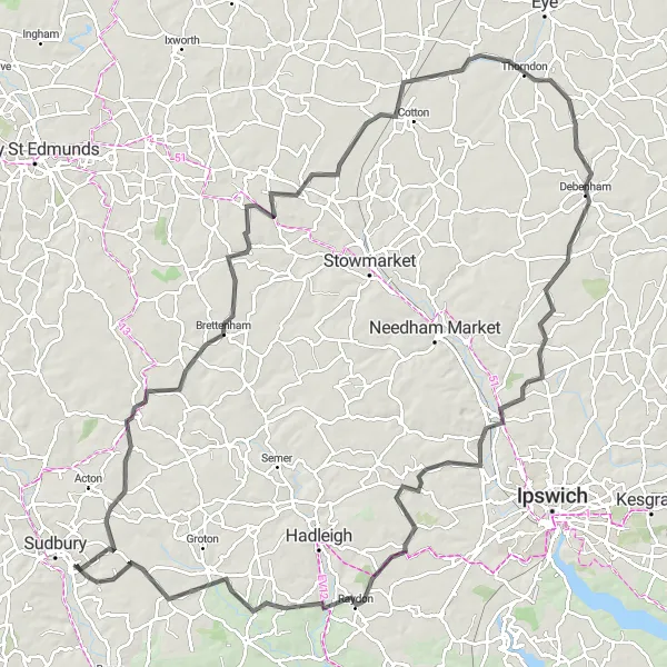 Map miniature of "Suffolk Heritage Ride" cycling inspiration in East Anglia, United Kingdom. Generated by Tarmacs.app cycling route planner