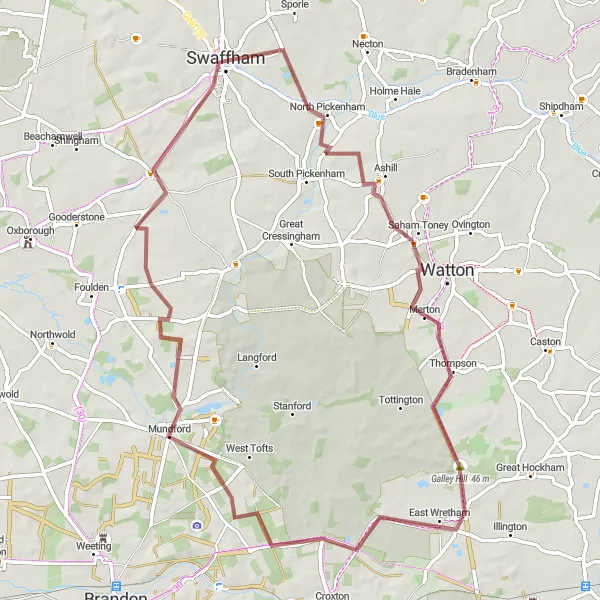 Map miniature of "The Gravel Adventure" cycling inspiration in East Anglia, United Kingdom. Generated by Tarmacs.app cycling route planner