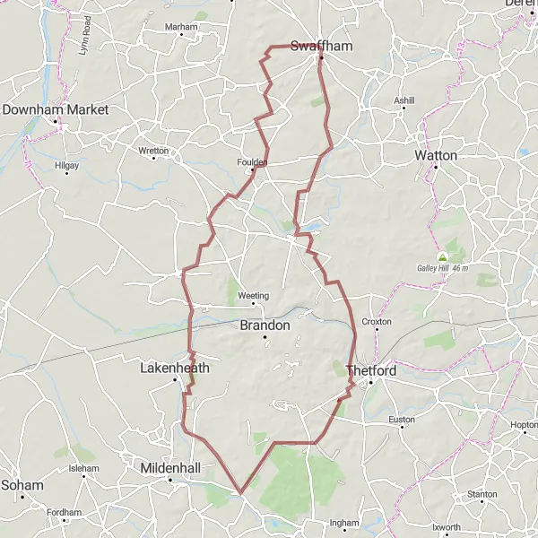 Map miniature of "The Gravel Adventure" cycling inspiration in East Anglia, United Kingdom. Generated by Tarmacs.app cycling route planner