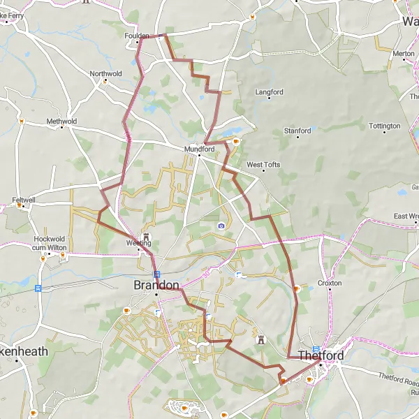 Map miniature of "Breckland Exploration" cycling inspiration in East Anglia, United Kingdom. Generated by Tarmacs.app cycling route planner