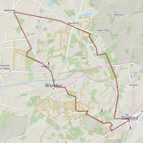 Map miniature of "Thetford Gravel Adventure" cycling inspiration in East Anglia, United Kingdom. Generated by Tarmacs.app cycling route planner
