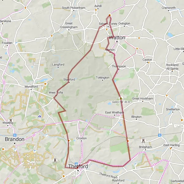 Map miniature of "Thetford Gravel Discovery" cycling inspiration in East Anglia, United Kingdom. Generated by Tarmacs.app cycling route planner