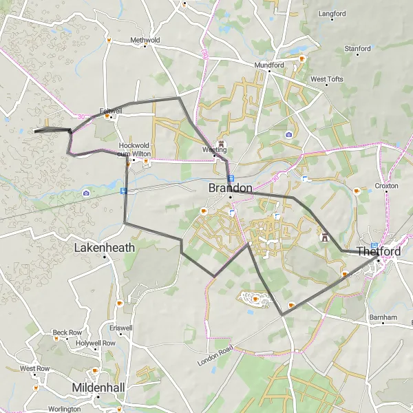 Map miniature of "Lakenheath & Castle Explorer" cycling inspiration in East Anglia, United Kingdom. Generated by Tarmacs.app cycling route planner