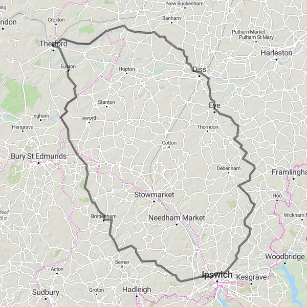 Map miniature of "Suffolk Heritage Trail" cycling inspiration in East Anglia, United Kingdom. Generated by Tarmacs.app cycling route planner