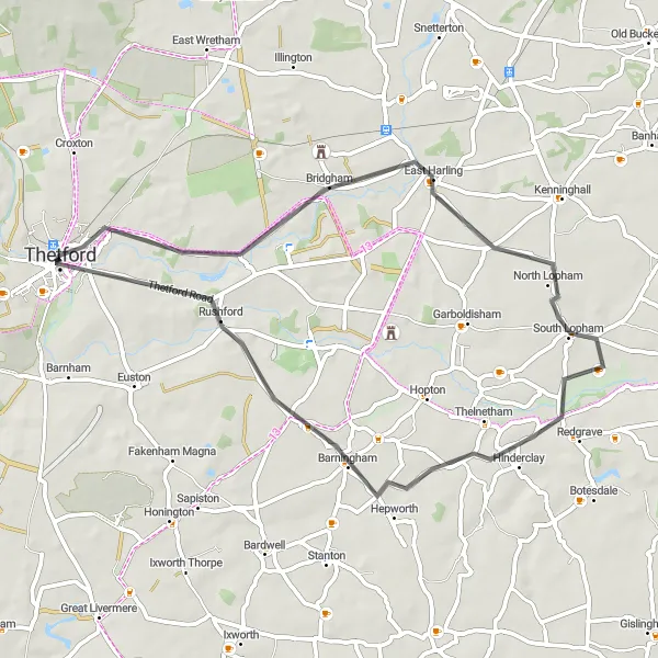 Map miniature of "Thetford Road Explorer" cycling inspiration in East Anglia, United Kingdom. Generated by Tarmacs.app cycling route planner