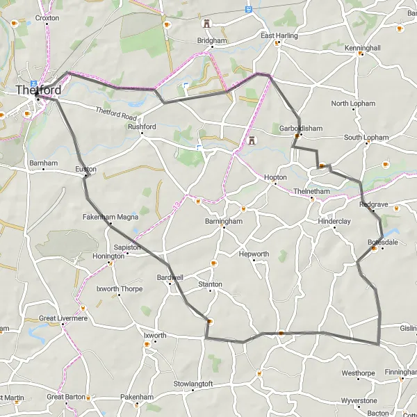 Map miniature of "Thetford Road Adventure" cycling inspiration in East Anglia, United Kingdom. Generated by Tarmacs.app cycling route planner