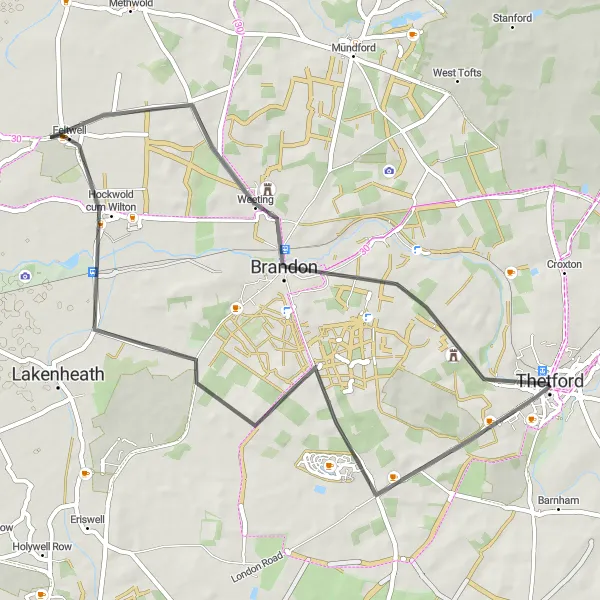 Map miniature of "Thetford Circular Road Route" cycling inspiration in East Anglia, United Kingdom. Generated by Tarmacs.app cycling route planner