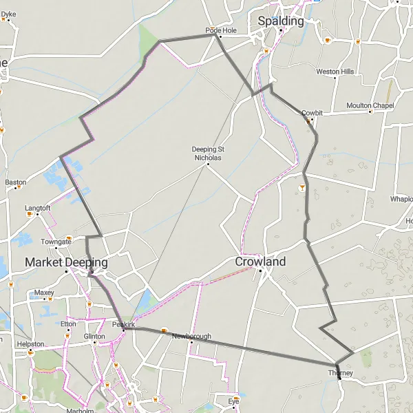 Map miniature of "The Deeping St James & Newborough Ride" cycling inspiration in East Anglia, United Kingdom. Generated by Tarmacs.app cycling route planner