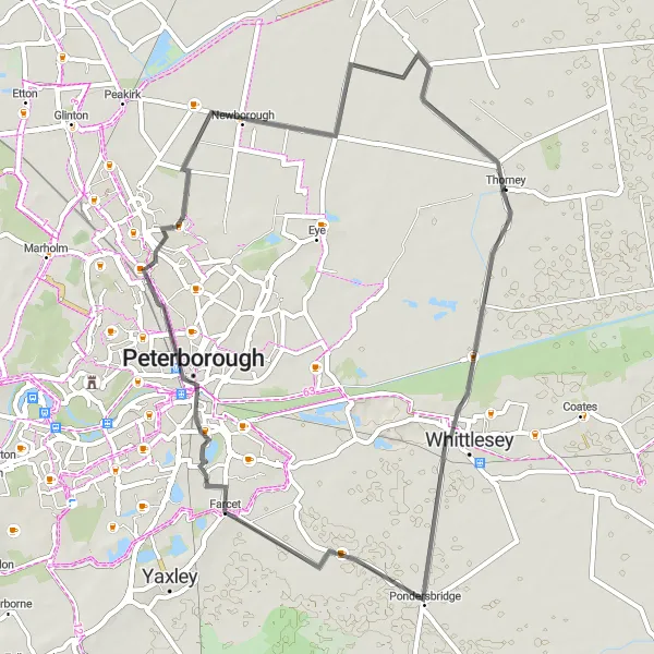 Map miniature of "The Peterborough Loop" cycling inspiration in East Anglia, United Kingdom. Generated by Tarmacs.app cycling route planner