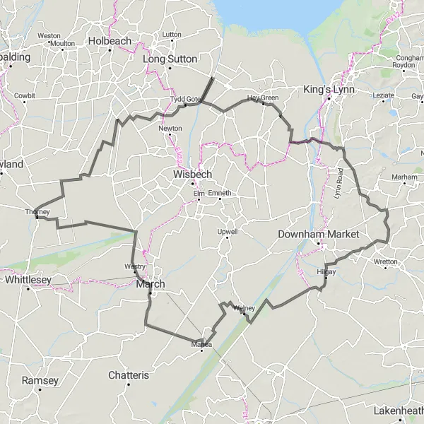 Map miniature of "The Fenland Explorer" cycling inspiration in East Anglia, United Kingdom. Generated by Tarmacs.app cycling route planner