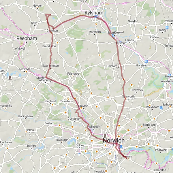 Map miniature of "Gravel and History" cycling inspiration in East Anglia, United Kingdom. Generated by Tarmacs.app cycling route planner