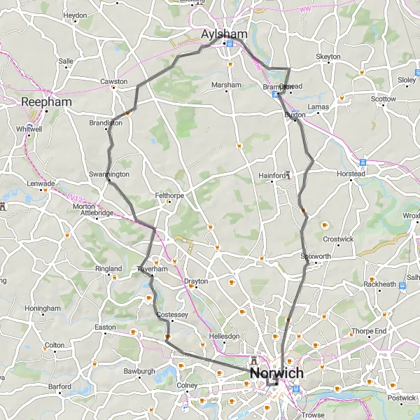 Map miniature of "The Village Escape" cycling inspiration in East Anglia, United Kingdom. Generated by Tarmacs.app cycling route planner