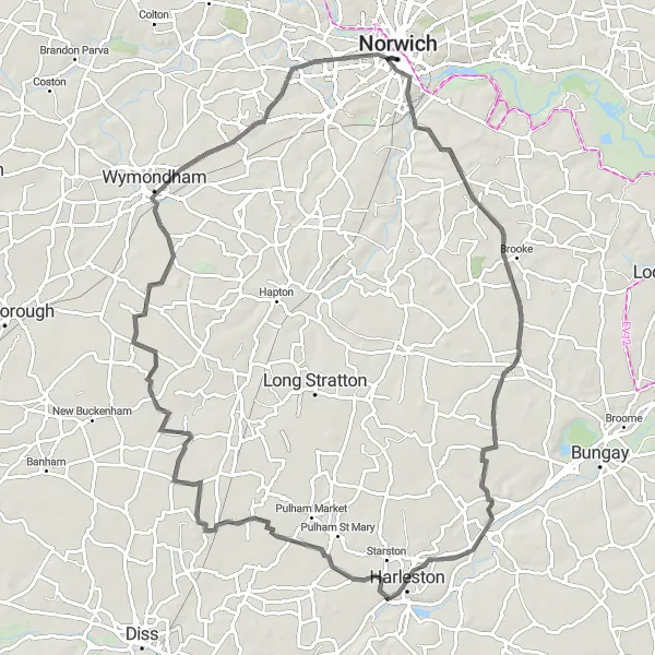 Map miniature of "The Norfolk Adventure" cycling inspiration in East Anglia, United Kingdom. Generated by Tarmacs.app cycling route planner