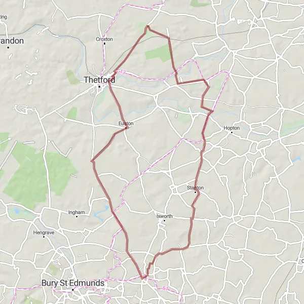 Map miniature of "Gravel Expedition" cycling inspiration in East Anglia, United Kingdom. Generated by Tarmacs.app cycling route planner