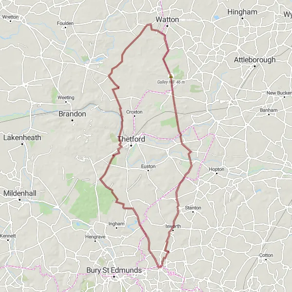 Map miniature of "Thurston Gravel Adventure" cycling inspiration in East Anglia, United Kingdom. Generated by Tarmacs.app cycling route planner