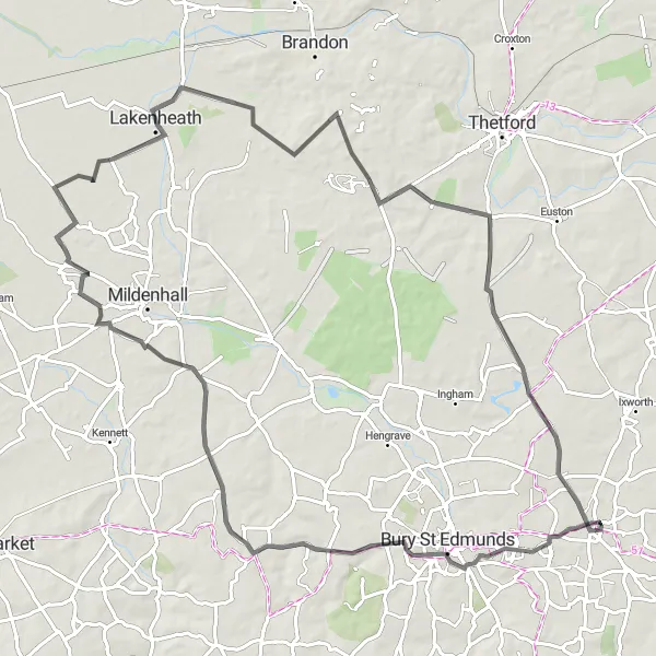 Map miniature of "Lakenheath Explorer" cycling inspiration in East Anglia, United Kingdom. Generated by Tarmacs.app cycling route planner