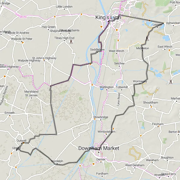 Map miniature of "Gaywood Gravel Ride" cycling inspiration in East Anglia, United Kingdom. Generated by Tarmacs.app cycling route planner