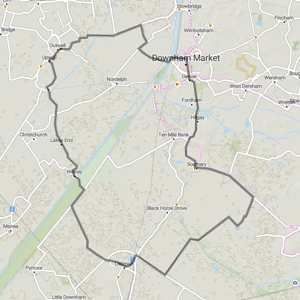 Map miniature of "Welney Wetlands Loop" cycling inspiration in East Anglia, United Kingdom. Generated by Tarmacs.app cycling route planner